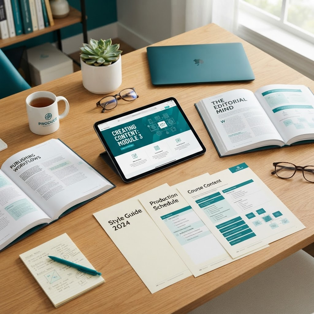 A professional editorial production setup with books, formatted documents, and a tidy workspace