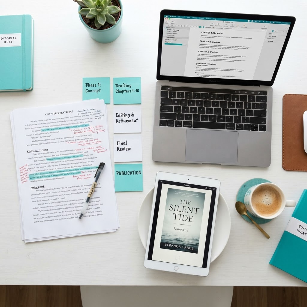 An organized editorial workspace with manuscript pages, outlines, and formatted documents